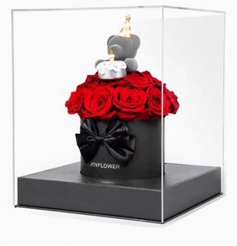JoyFlower Preserved Real Rose Bear in Acrylic Box, Forever Flowers Red Rose Bear Birthday Gift for Women Wife Girlfriend Mom Grandma, Eternal Rose Gifts for, Anniversary, Christmas, Valentine's Day