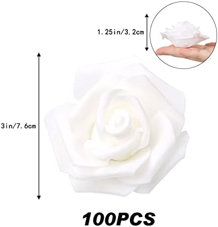 IPOPU 100 Pcs Artificial Rose Flower Heads Real Looking White Foam Fake Roses for DIY Wedding Baby Shower Centerpieces Arrangements Party Tables Home Decorations (White 1, Stemless)