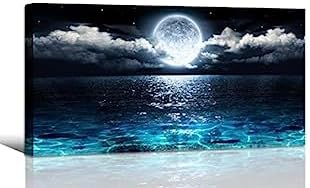 Canvas Wall Art for Living Room Bedroom Office Framed Ocean Beach Wall Art Paintings Pictures Artwork Moon Waves Blue Wall Decor 2.7cm Thick Frame, 20 * 40inch