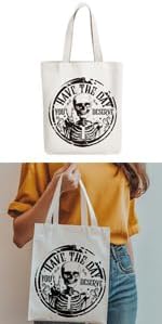 ANATTASOUL Halloween Canvas Tote Bag Black Skull Circle Reusable Cotton Bag for Women, Durable Cloth Shoulder Bags with Zipper Pockets for Shopping, Vacation, Work, Gym