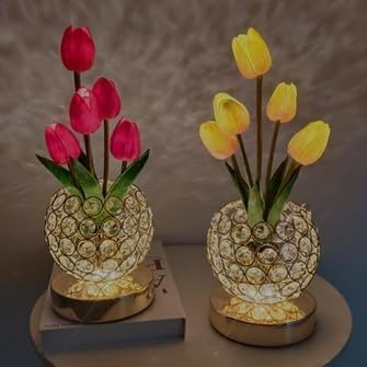 Cordless Tulip Flower Lamps, 3 Colors Touch Stepless Dimming Crystal Night Light, Rechargeable Artificial LED Flower with Vase Lamp Romantic Decor for Mothers Day,Xmas,Birthday (OG)