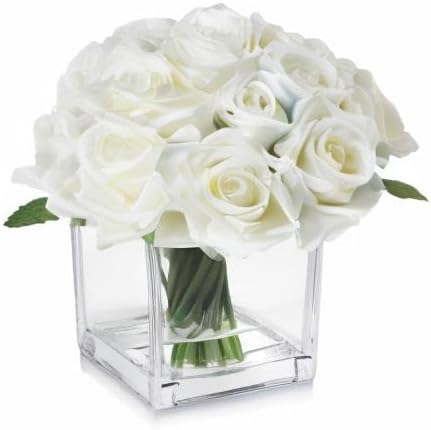 18 Heads Faux Rose Flowers in Vase, Fake Rose Flowers Arrangement in Vase with Fake Water for Dining Table, Wedding Decor (Cream)