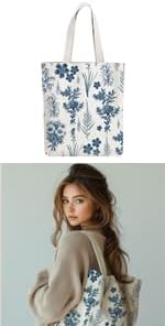 ANATTASOUL Canvas Tote Bag Blue Flower and Leaf Reusable Cotton Bag for Women, Durable Cloth Shoulder Bags with Zipper Pockets for Shopping, Vacation, Work, Gym