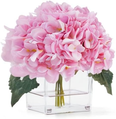 Artificial Hydrangea Flowers in Vase, Silk Floral Arrangement in Vase with Faux Water for Home Decor Indoor, Room Table (Pink)