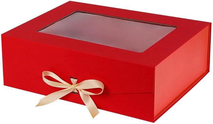 Red Extra Large Gift Box for Presents with Ribbon 16.5x13x5.3 Inches Clear Gift Box with Window Magnetic Closure Gift Boxes with Lids
