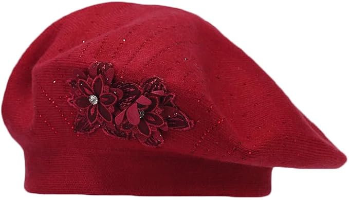 Flower Embroidery Beret Hat for Women, French Style Knitted Beret Hats, Stylish Solid Color Beret Cap for Women Girls Lady