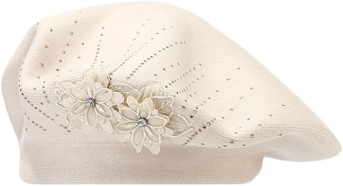 Flower Embroidery Beret Hat for Women, French Style Knitted Beret Hats, Stylish Solid Color Beret Cap for Women Girls Lady