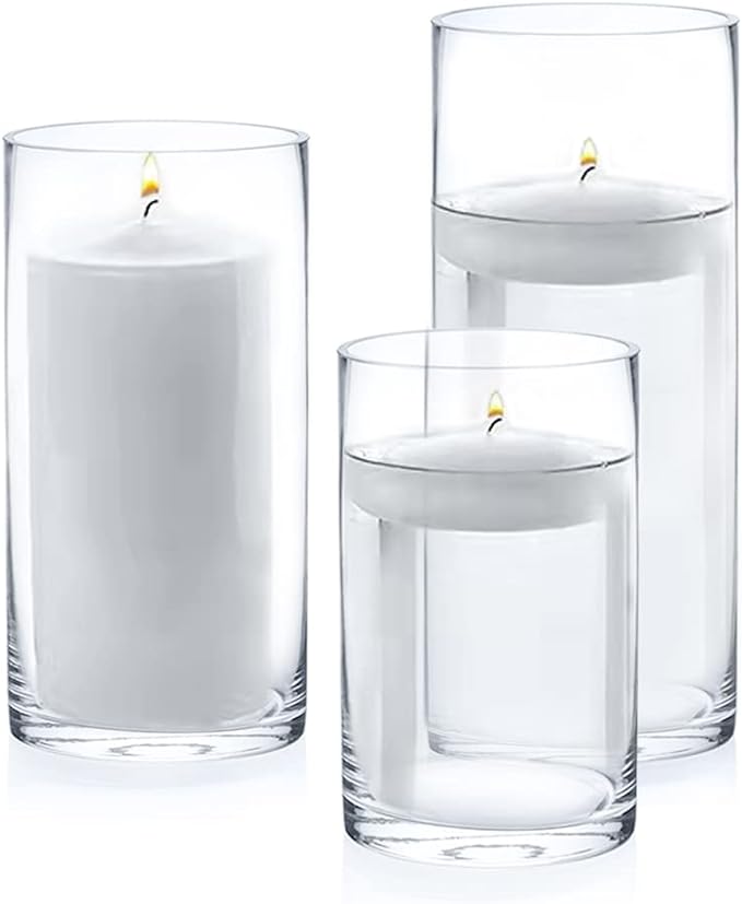 Enova Floral Set of 4 Clear Cylinder Glass Vase, 5W x 8H Inches Round Flowers Vase, Pillar Candle Floating Candle Holders, Floral Glass Vase for Home Office Decor, Wedding Centerpiece