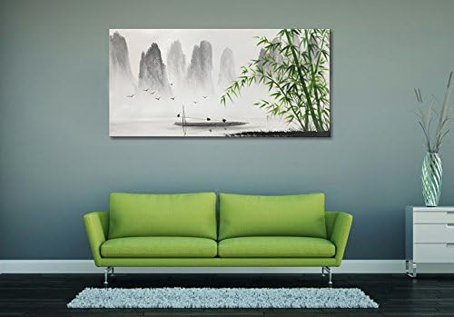 Chinese Shanshui Painting Black and White Landscape Wall Art Green Bamboo Canvas Artwork