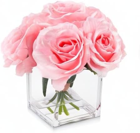 7 Large Stem Pink Rose Artificial Flowers in Vase, Fake Rose with Fake Flowers in Vase for Home Decor, Wedding Table (Pink)