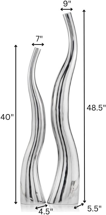 Modern Day Accents 8790 Curva XL Tall Wiggly Vases Set of 2, Silver, Aluminum, Contemporary, Modern, Popular, Glam, Floor Standing, Large 9"L, 5.5"W, 48.5"H, Small Vase: 7”L x 4.5”W x 40"H House Decor