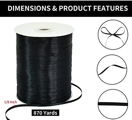 TONIFUL 1/8 Inch x 870 Yards Black Thin Solid Satin Ribbon Giant Spool Polyester Fabric Ribbons for Crafts Hanging Tags Invitation Card Balloons Bouquet Hair Gift Wrapping Party Decoration