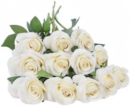 Artificial Rose Flower Artificial Flowers Flower with Long Stem Silk Roses Bouquet for Wedding Bridal Shower Party Home Decoration (Beige, 12 Pcs)