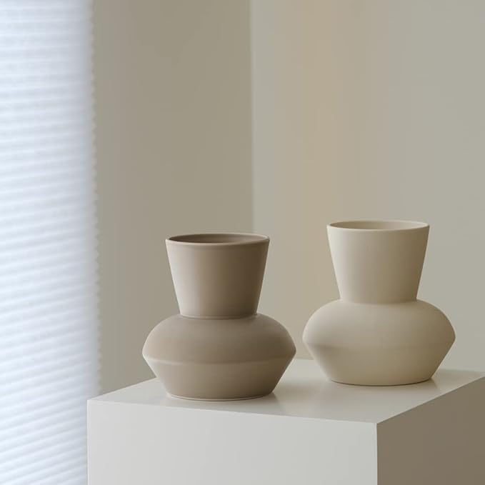 Wide Mouth Ceramic Flower Vase, Minimalist Decor for Living Room (Coconut Café)