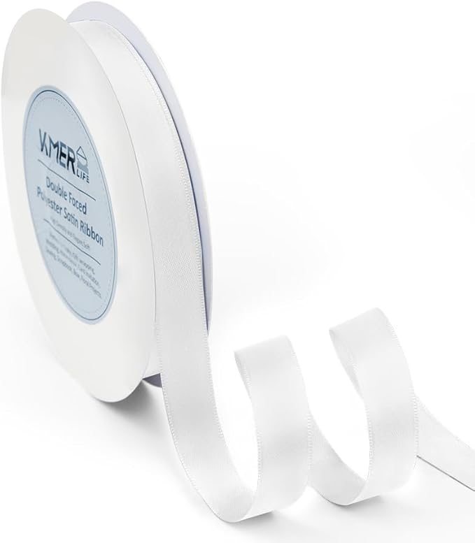 Double Face White Satin Ribbon 5/8 inch X 50 Yards Polyester White Ribbon for Wedding Decor, Wreath, Gift Package Wrapping and Other Projects
