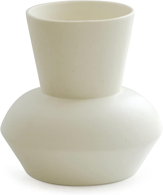 Wide Mouth Ceramic Flower Vase, Minimalist Decor for Living Room (Crème)