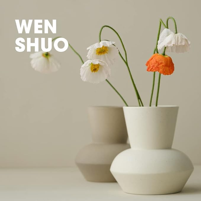 Wide Mouth Ceramic Flower Vase, Minimalist Decor for Living Room (Coconut Café)