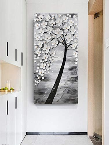 Yihui Arts Hand-Painted Textured White Blossom Tree Art on Canvas, Grey & Black Toned Floral Painting for Modern Home Decor, Unique Thick Textured Petals Wall Art