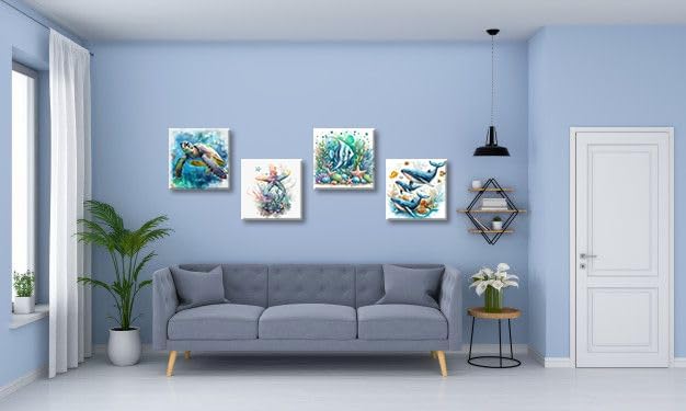 dgbtcart Ocean Wall Art Bathroom Decor – Watercolor Sea Turtle, Starfish Whale Canvas Prints – Coastal Beach Themed 4-Piece Set, 16x16 Modern Nautical Painting for Home, Bedroom, Kids Room