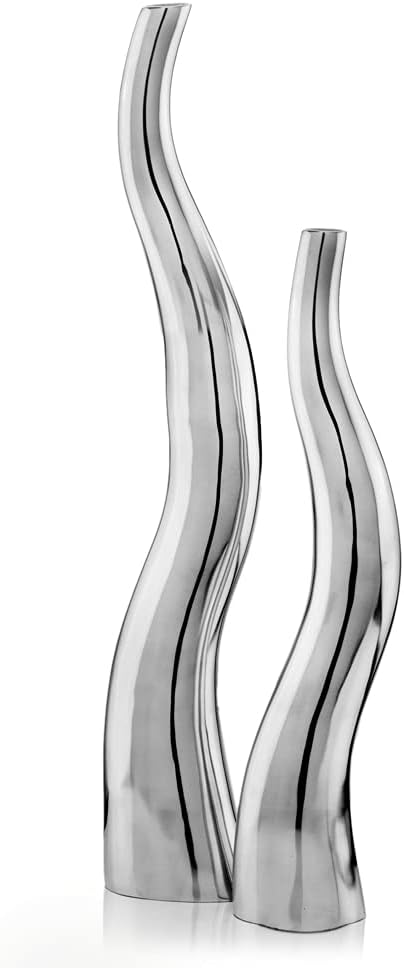 Modern Day Accents 6586 Curva Tall Wiggly Vases Set of 2, Silver, Aluminum, Contemporary, Modern, Popular, Glam, Floor Standing, Large 6" L, 3.5" W, 32" H, Small Vase: 5”L x 3.5”W x 24" H House Decor