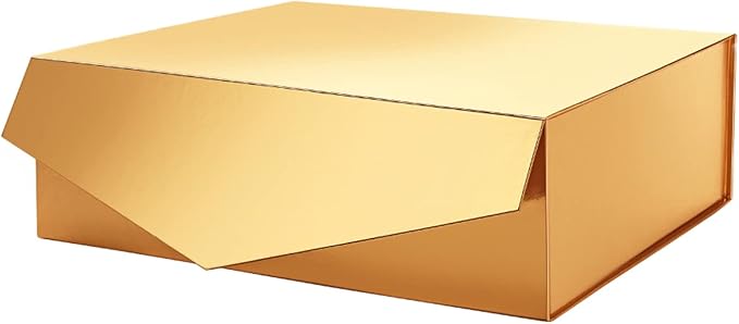 PACKHOME Large Christmas Gift Box with Lid 13.5x9x4.1 Inches, Sturdy Collapsible Gift Box with Magnetic Closure for Xmas (Glossy Gold)