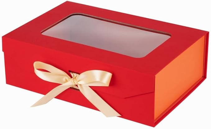 Red Gift Box for Presents with Ribbon 10.8x7.5x3.5 Inches Clear Gift Box with Window Magnetic Closure Gift Boxes with Lids