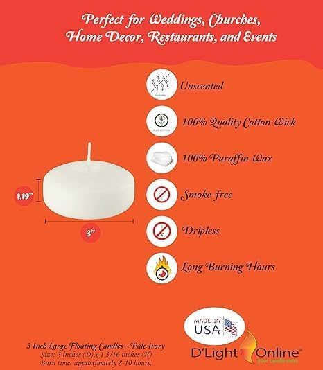 D'light Online Floating Candles Bulk Pack for Events, Weddings, Spa, Home Decor, Special Occasions and Holiday Decorations (Large - 3" (Set of 3), Pale Ivory)