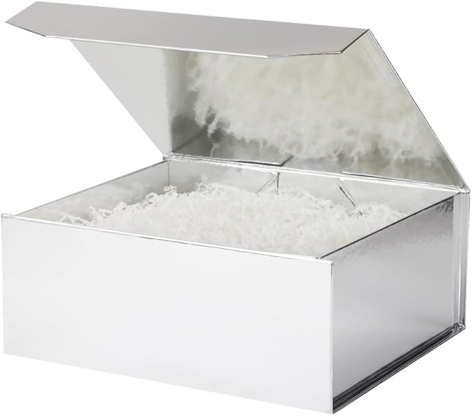 1 Pcs Silver Gift Box Large 13x11x5.3 Inch Silver Large Gift Boxwith Crinkle Paper Magnetic Box with Shredded Paper Luxury Gift Boxes with Lids for Presents