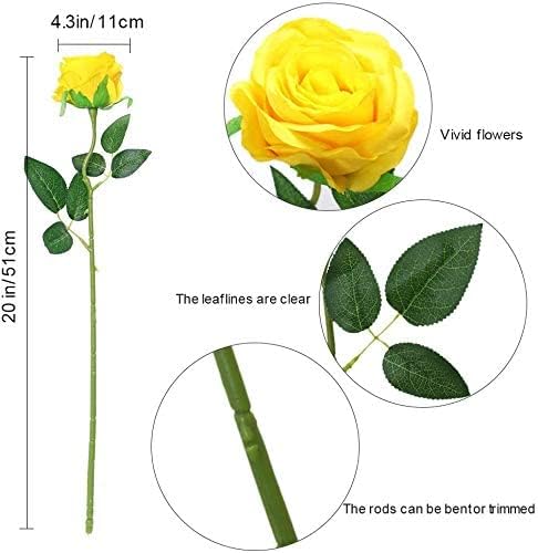 12 PCS Artificial Flowers Roses Silk Flowers Fake Long Stem Artificial Roses for Home Wedding Decorations (Yellow)
