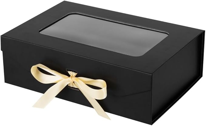Black Gift Box for Presents with Ribbon 10.8x7.5x3.5 Inches Clear Gift Box with Window Magnetic Closure Gift Boxes with Lids
