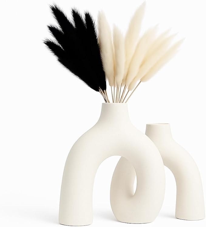 Cream White Decorative Vase Set - Modern Hug Donut Ceramic Vases by JAS & JAX GOODS, Minimalist Boho Style Centerpiece for Console Table, Living Room, Bookshelf, or Fireplace Mantel