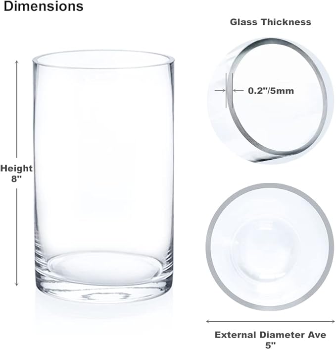 Enova Floral Clear Glass Cylinder Vase 5 x 8 Inches, Clear Flower Vases, Pillar Candle Hurricane Floating Candle Holder Vase, Glass Flower Vase for Wedding Centerpieces, Home Office décor (1 Piece)