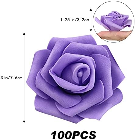 IPOPU Artificial Rose Flower Heads, 100 Pcs Real Looking Purple Foam Fake Roses for DIY Wedding Baby Shower Centerpieces Arrangements Party Tables Home Decorations (Purple 1, Stemless)