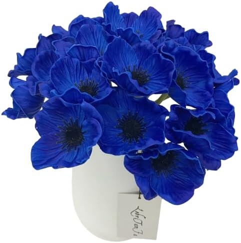 14Pcs Real Touch Anemone Poppy Bouquet for Artificial Flower Decor Kitchen Table Centerpiece Vase Home Greenery Wedding Holding Flowers Backdrop Arch Wall (Deep Blue)