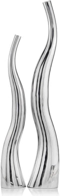 Modern Day Accents 8790 Curva XL Tall Wiggly Vases Set of 2, Silver, Aluminum, Contemporary, Modern, Popular, Glam, Floor Standing, Large 9"L, 5.5"W, 48.5"H, Small Vase: 7”L x 4.5”W x 40"H House Decor