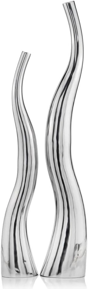 Modern Day Accents 8790 Curva XL Tall Wiggly Vases Set of 2, Silver, Aluminum, Contemporary, Modern, Popular, Glam, Floor Standing, Large 9"L, 5.5"W, 48.5"H, Small Vase: 7”L x 4.5”W x 40"H House Decor