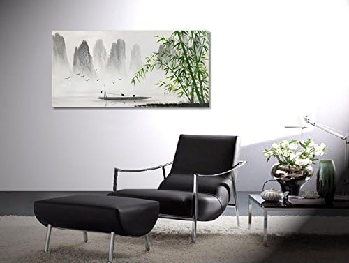 Chinese Shanshui Painting Black and White Landscape Wall Art Green Bamboo Canvas Artwork