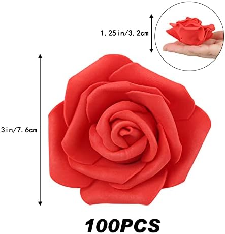 200pcs Artificial Red Foam Rose Flower Head, 3-Inch Fake Flower Heads Stemless Flowers for DIY Crafts,Wedding Bouquets Centerpieces Arrangements Party Baby Shower Home Decor (Red)