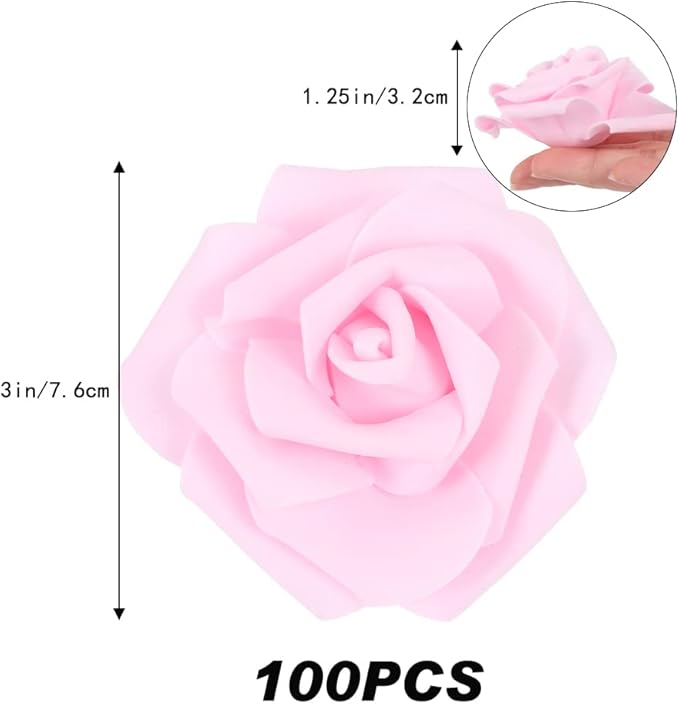 IPOPU Artificial Rose Flower Heads, 100pcs Real Looking Light Pink Foam Fake Roses for DIY Wedding Baby Shower Centerpieces Arrangements Party Tables Home Decorations (Light Pink, Stemless)