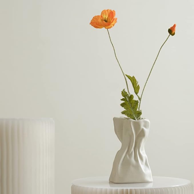 Grab Paper Bag Ceramic Vase, Crinkle Paper Bag Design for Flower Arrangement, Living Room, Dinner Table Decoration Matte Crème