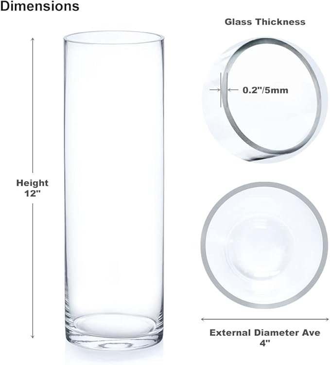 Enova Floral Cylinder Glass Vase - 4 x 12 Inches Round Large Flower Vase, Tall Pillar Candle Holder, Wedding Centerpiece (1 Piece)