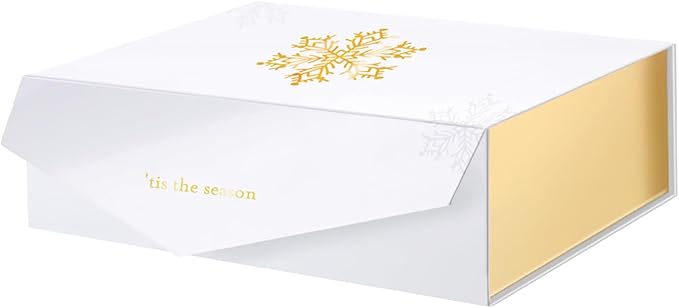 PACKHOME Large Christmas Gift Box 13.5x9x4.1 Inches, Sturdy Collapsible Gift Box with Magnetic Closure Lid (Gold Snowflake Pattern)