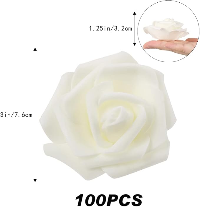 Artificial Rose Flower Heads, 100pcs Ivory Fake Roses Artificial Flower Foam Rose for DIY Wedding Bouquets Centerpieces Arrangements Party Baby Shower Home Decor (Stemless, Ivory)