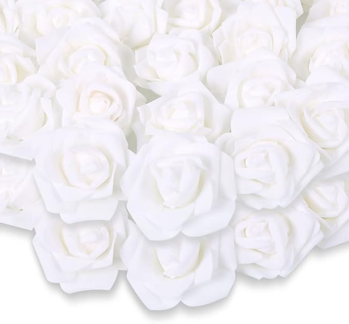 200pcs White Artificial Foam Rose Flower Head, 3-Inch Fake Flower Heads Stemless Flowers for DIY Crafts,Wedding Bouquets Centerpieces Arrangements Party Baby Shower Home Decor (White)