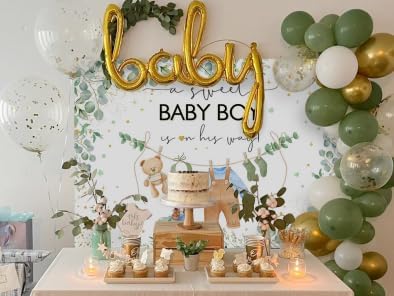 Mocsicka Baby Boy Backdrop for Baby Shower Oh Baby Green Leaves Boy Baby Shower Decorations Floral Watercolor Eucalyptus Golden Dots Cake Table Banner Decor Photo Booth Studio Props(Blue, 7x5ft)
