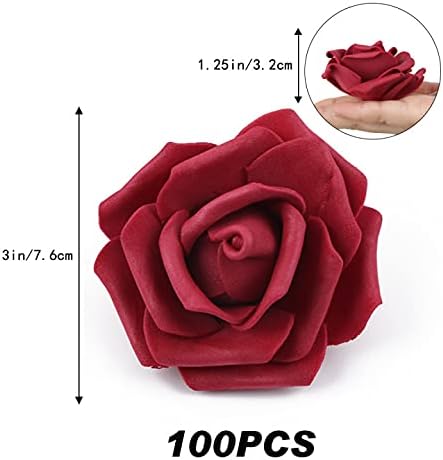 200pcs Burgundy Artificial Foam Rose Flower Head, 3-Inch Fake Flower Heads Stemless Rose Flowers Bulk for DIY Crafts,Wedding Bouquets Party Baby Shower Home Decor (Burgundy)