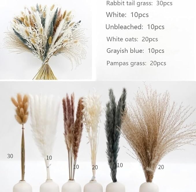 100PCS Air Dried Pampas Grass 6kind Mix Bouquet. Eternal Flower. for Wedding. Party,Photo Props Decor. Boho Dried Floral Arrangement Centerpiece