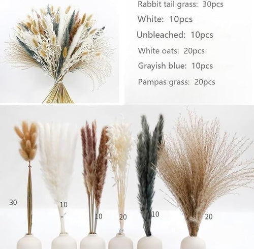 100PCS Air Dried Pampas Grass 6kind Mix Bouquet. Eternal Flower. for Wedding. Party,Photo Props Decor. Boho Dried Floral Arrangement Centerpiece