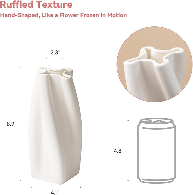 White Ceramic Vase with Ruffled Texture - 8.9" Unique Flower Vase for Pampas Grass & Centerpieces, Decorative Boho/Farmhouse Vase for Living Room, Office Desk & Housewarming Gift (for Her/Yourself)