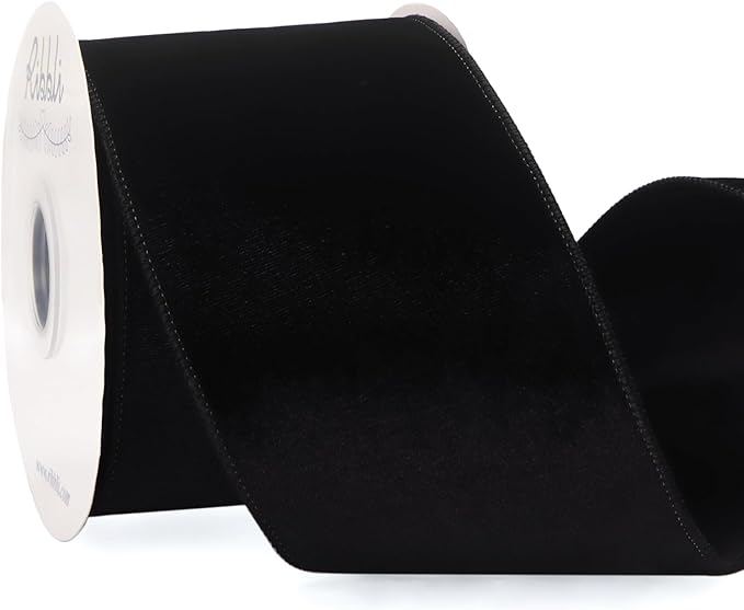 Ribbli Black Velvet Wired Ribbon 4 Inch Velvet with Satin Christmas Ribbon for Gift Wrapping Christmas Tree Decoration Crafts Wreaths Supplies-Continuous 10 Yards